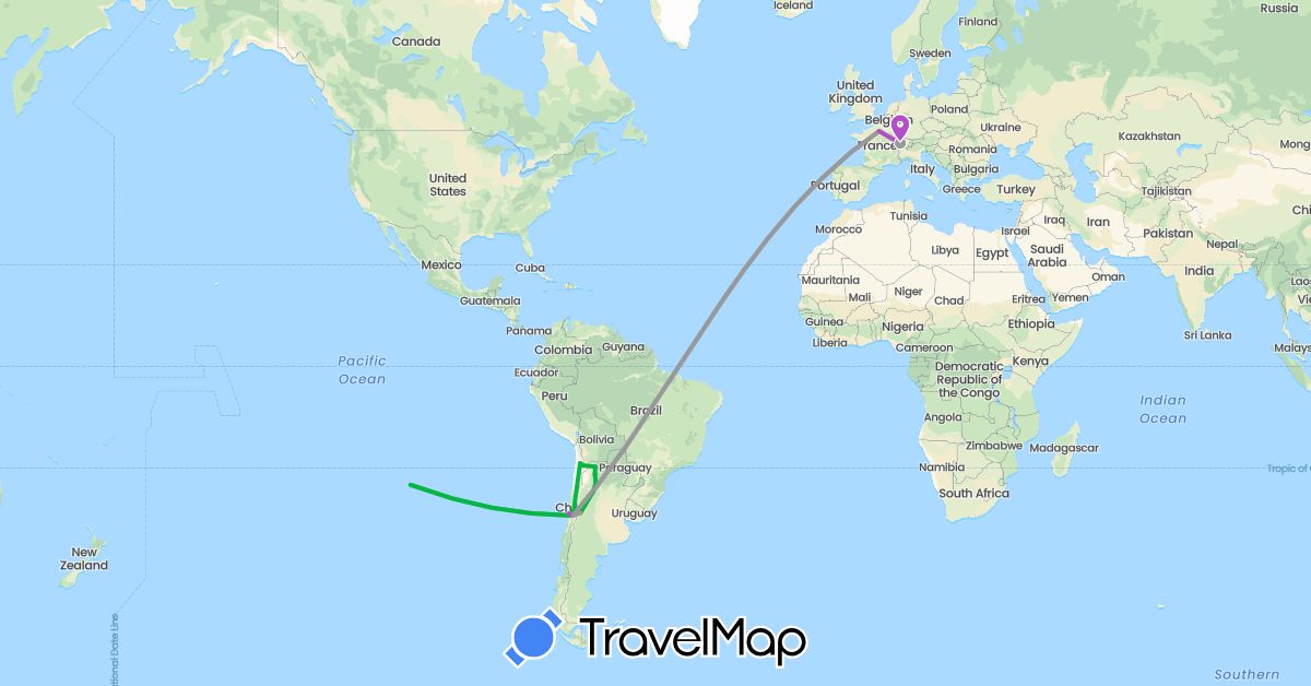 TravelMap itinerary: bus, plane, train in Argentina, Switzerland, Chile, France (Europe, South America)